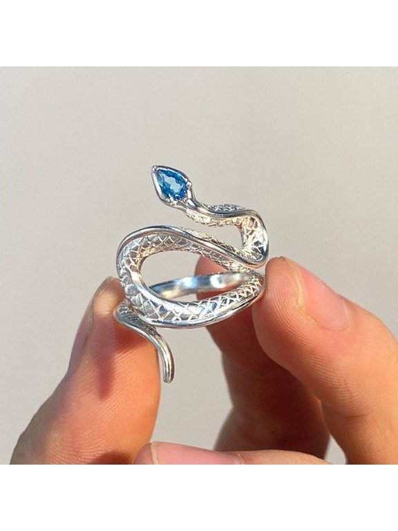 Womens 14K White Gold Plated Snake Open Ring with Blue Cubic Zirconia for Halloween Adjustable Size Comes with Gift Box