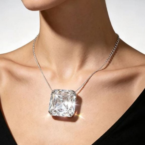 PERITANG Women's 14K White Gold-Plated Square Pendant Cuban Link Chain Necklace with White Cubic Zirconia, Daily Wear, 20 Inch, Presented in Gift Box