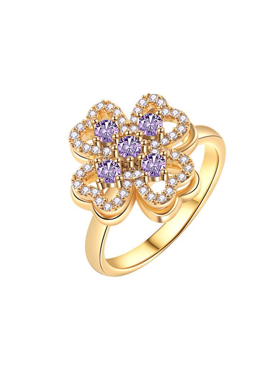 Women's 14K Gold-Plated Four Leaf Clover Spinner Ring Pink Cubic Zirconia Birthday Gift Ring Size Resizable Presented in Gift Box