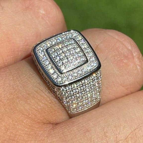 PERITANG 14K White Gold-Plated Square Semi Eternity Ring for Women and Men with White Cubic Zirconia, Hanukkah Gift, Size 6, Presented in Gift Box