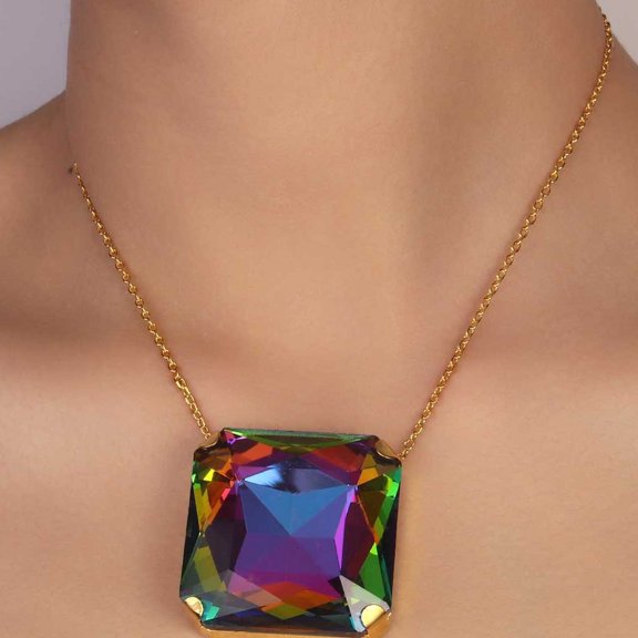 PERITANG Womens 14K Gold Plated Square Pendant Cuban Link Chain Necklace with Multicolor Crystal for Everyday Wear 22 Inches Comes with Gift Box