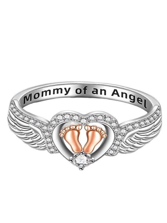 Womens Silver Toned Mommy of an Angel Heart Band Ring with Pink and White Cubic Zirconia for Mother's Day Size 9 Comes with Gift Box
