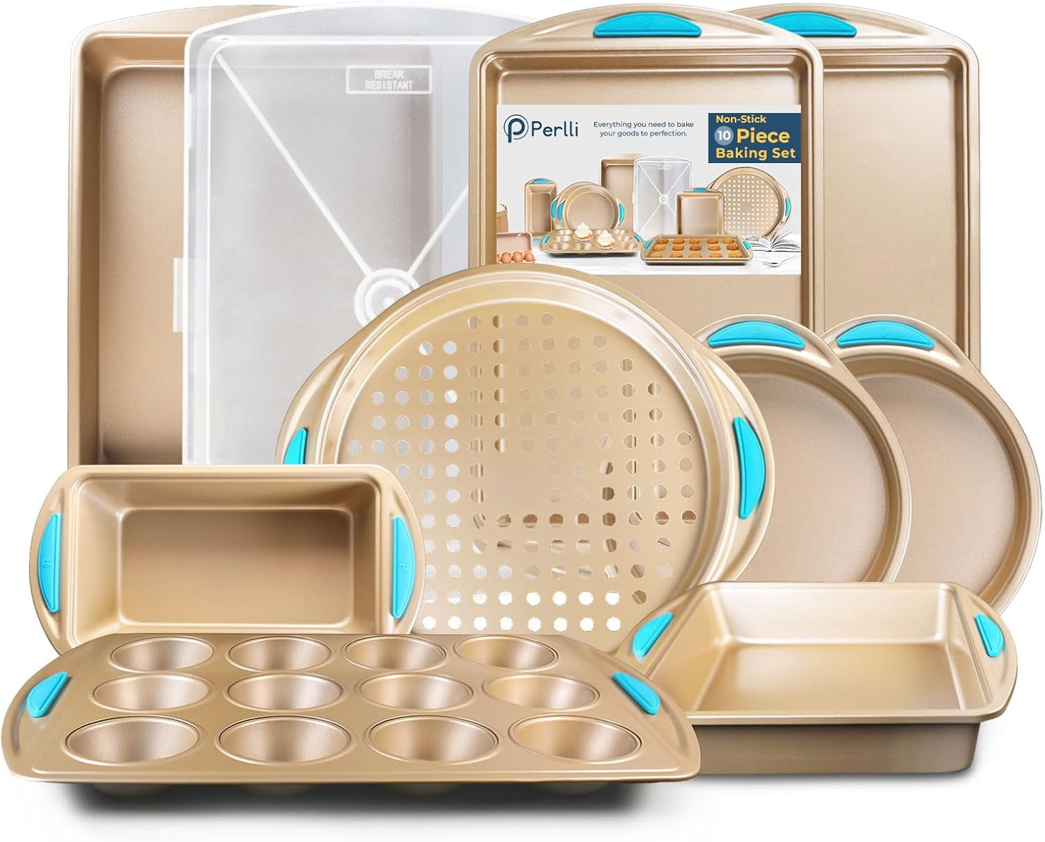 PERLLI 10-Pc Non Stick Baking Pans Set Gold Bakeware with Blue Silicone Grips