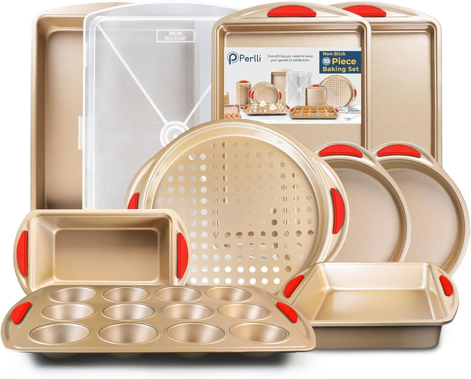 PERLLI 10-Pc Non Stick Baking Pans Set Gold Bakeware with Red Silicone Grips