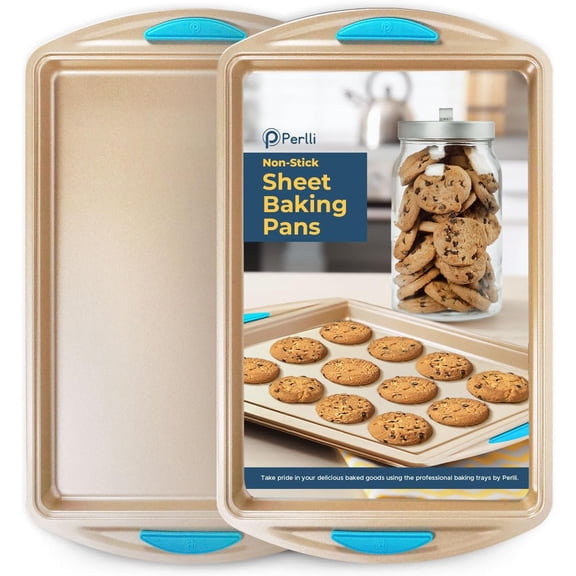 PERLLI 2-Pc Non Stick Baking Pans Set Gold Baking Sheets with Blue Silicone Grips, 16” x 10"