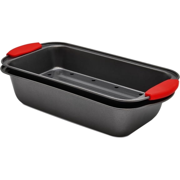 PERLLI 2-Piece Nonstick Meatloaf Pan Set, High-Carbon Steel Meat Loaf Pan with Drip Tray & Silicone Grip Handles