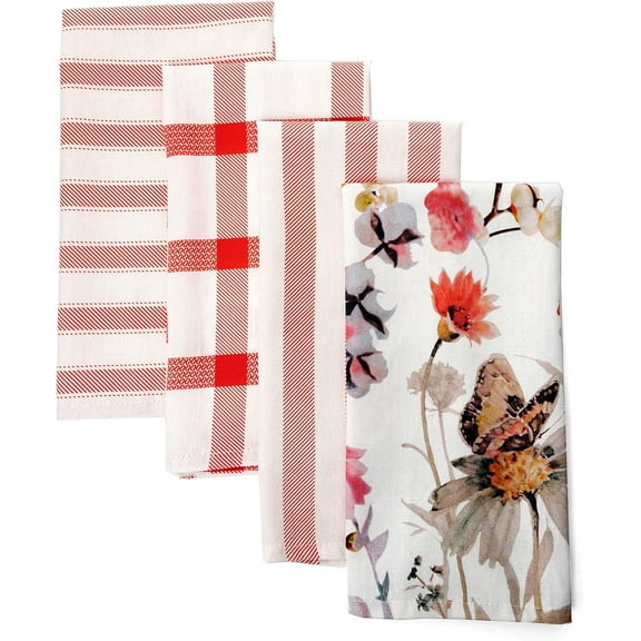PERLLI 4 Pack Kitchen Dish Towels, Decorative Red and Berry