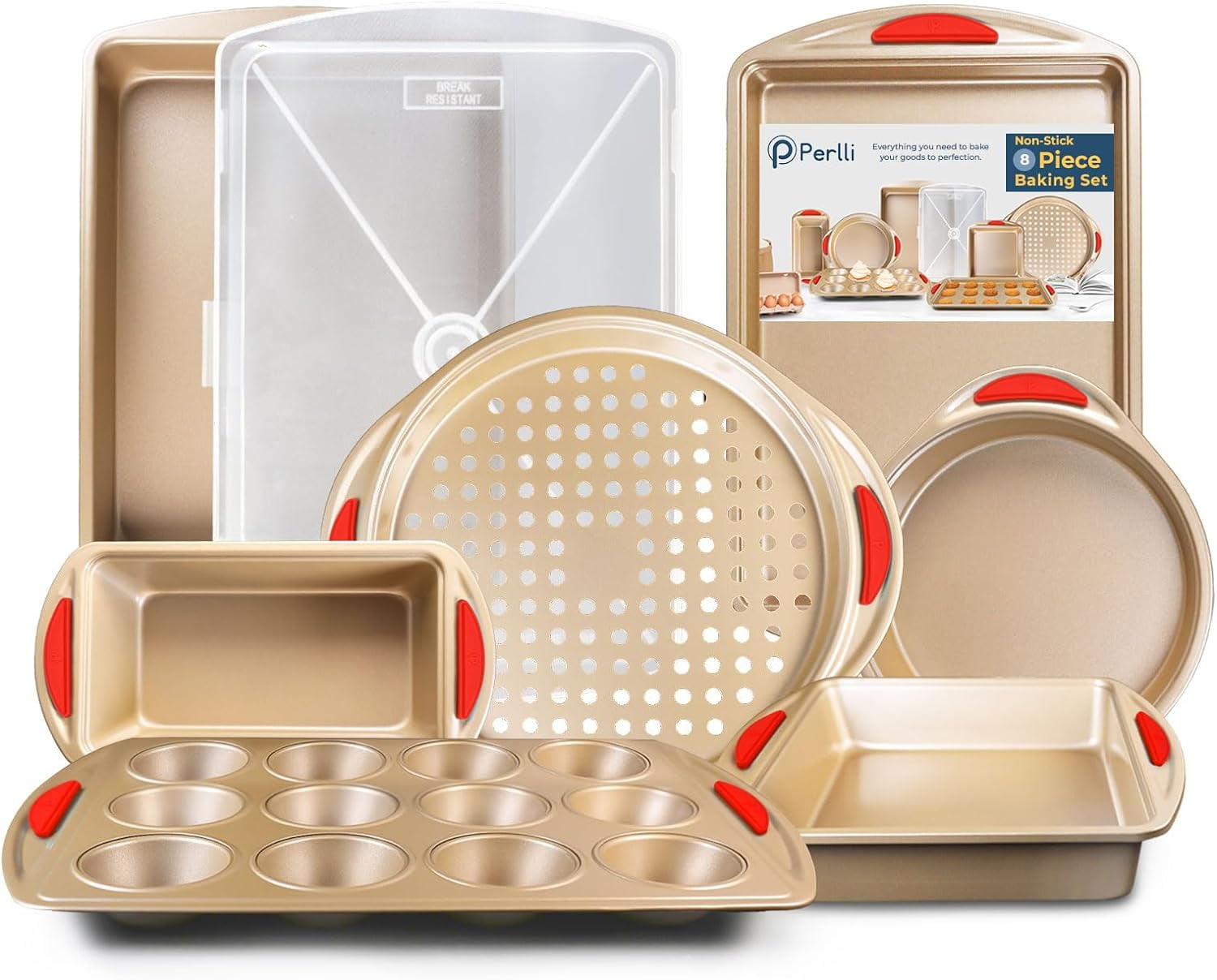 Gold Nonstick Carbon Steel 8-Piece Bakeware Set with Red Silicone Grips