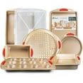 thumbnail image 1 of PERLLI 8-Pc Non Stick Baking Pans Set Gold Bakeware with Red Silicone Grips, 1 of 7