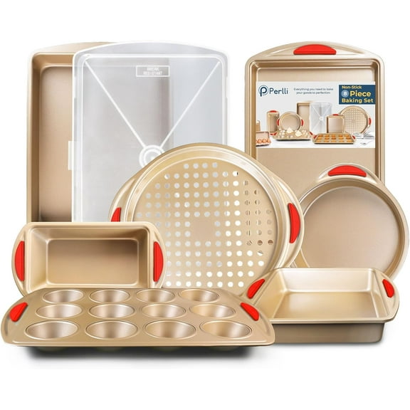 PERLLI 8-Pc Non Stick Baking Pans Set Gold Bakeware with Red Silicone Grips