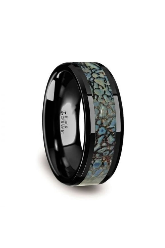 PERMIAN Blue Dinosaur Bone Inlaid Black Ceramic Beveled Edged Ring - 4mm or 8mm