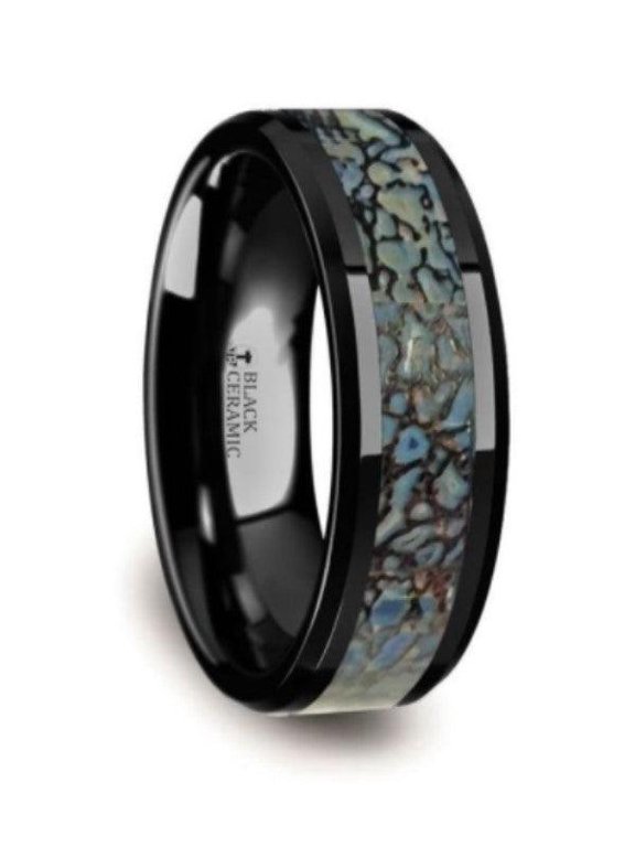PERMIAN Blue Dinosaur Bone Inlaid Black Ceramic Beveled Edged Ring