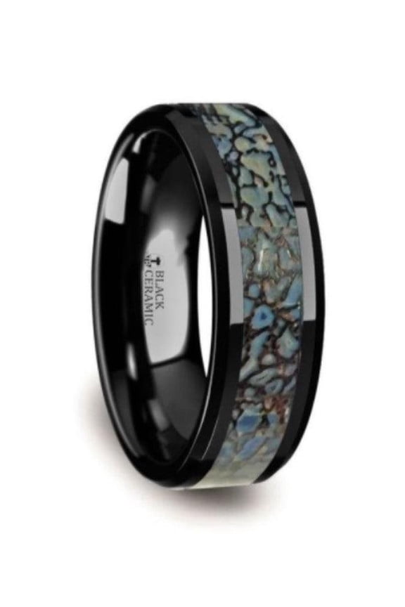 PERMIAN Blue Dinosaur Bone Inlaid Black Ceramic Beveled Edged Ring