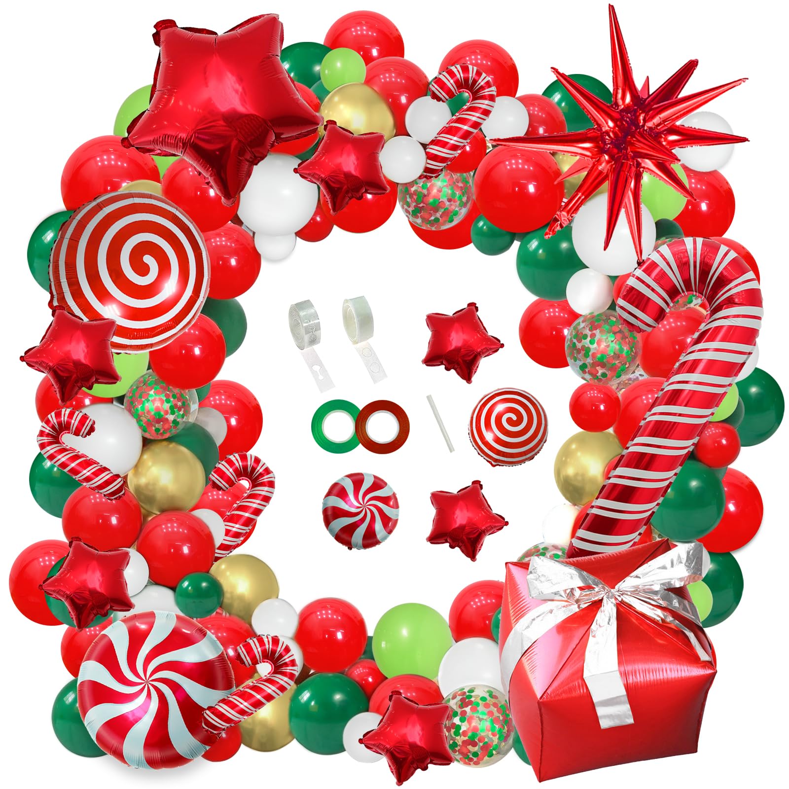 Christmas Balloon Garland Kit - 124pc Red Green Gold Balloons With Candy Theme Decorations