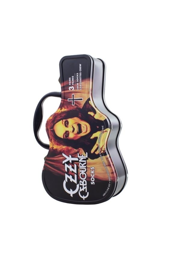 Ozzy Osbourne Guitar Tin Sock Box - Licensed Ozzy Osbourne Merchandise for Women and Men, 3 Pairs of Printed Crew Socks, Size 7-12, Breathable Fabric, Unisex