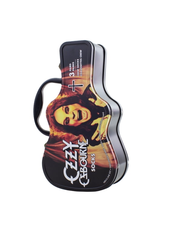 Ozzy Osbourne Guitar Tin Sock Box - Licensed Ozzy Osbourne Merchandise for Women and Men, 3 Pairs of Printed Crew Socks, Size 7-12, Breathable Fabric, Unisex