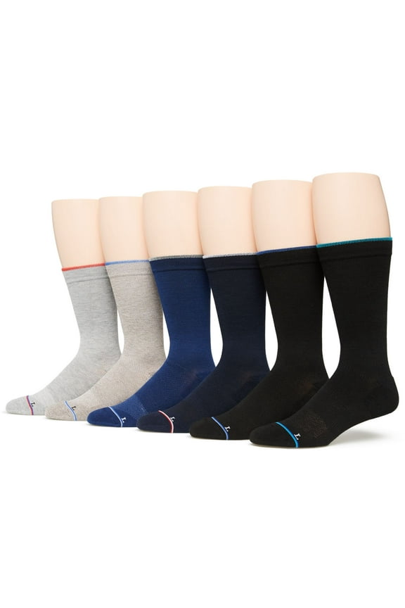 Mens 6 Pack Black Assorted Contoured Toe Smooth Seam Moisture Wicking Arch Support Dress Crew Socks 7-12
