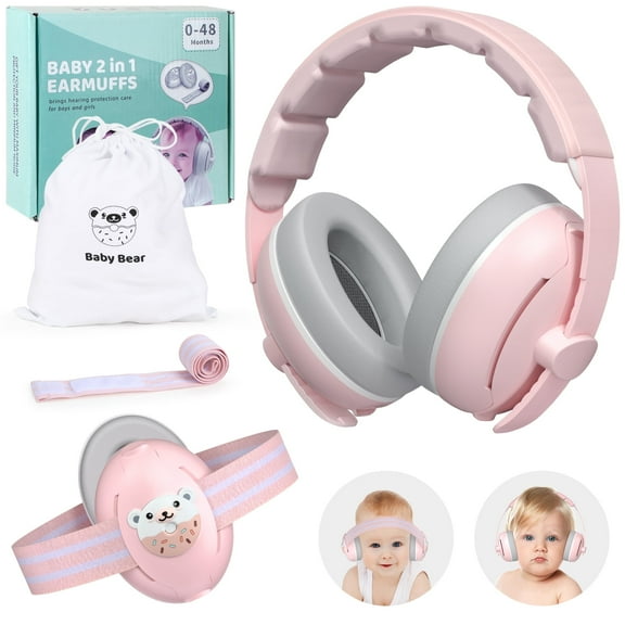 PERRYHOME 2-in-1 Baby Earmuffs Noise Cancel Hearing Protection Headphone,Adjustable Baby Headphones with Stretchy Band, Baby Airplane Ear Protection /Outdoor (Pink)