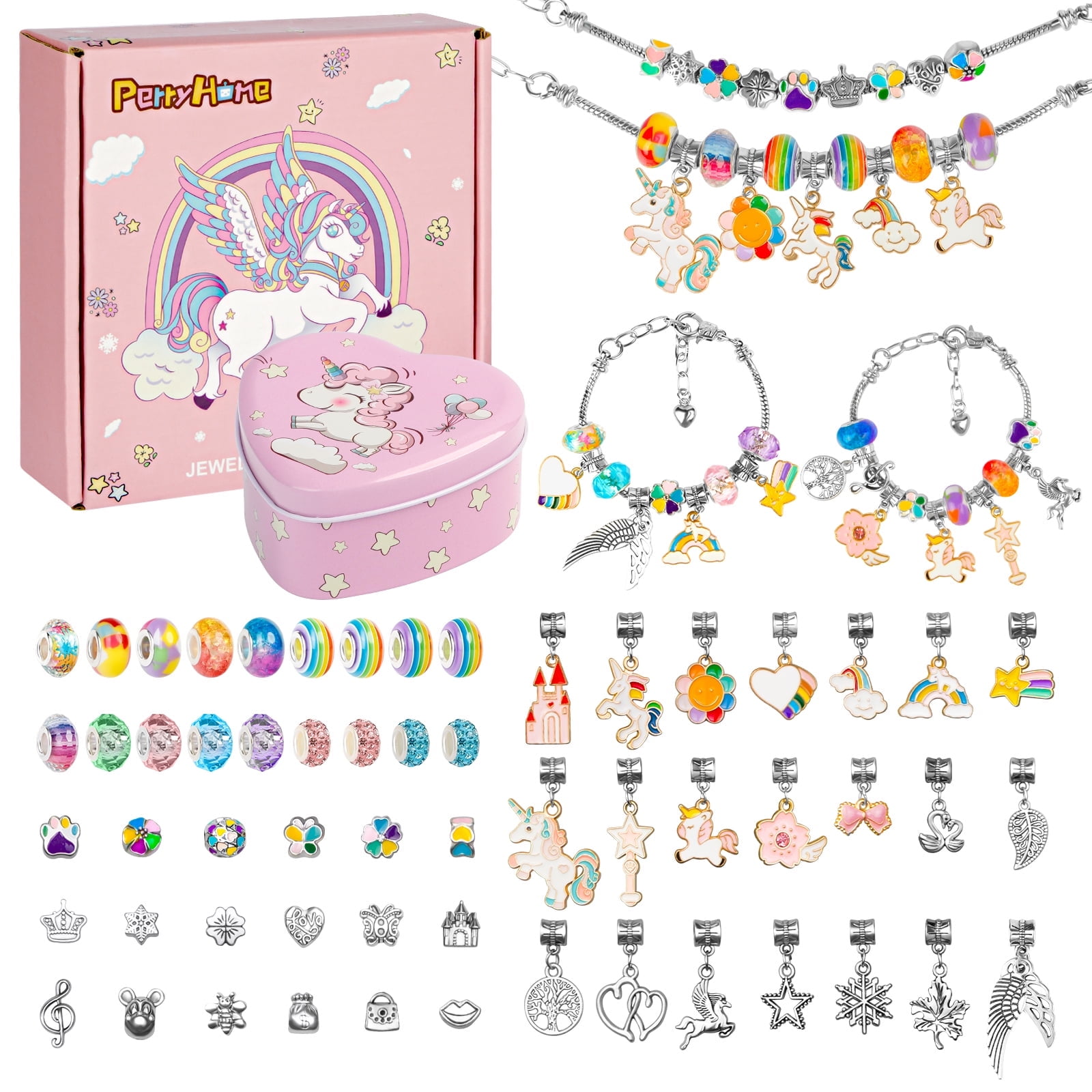 PERRYHOME Charm Bracelet Making Kit for Girls, Unicorn Jewelry Making Kit with Beads, Bangles, Charm & Gift Box, DIY Arts and Crafts Kit Jewelry Making Supplies Gift Toy Set for Girls Age 3-12