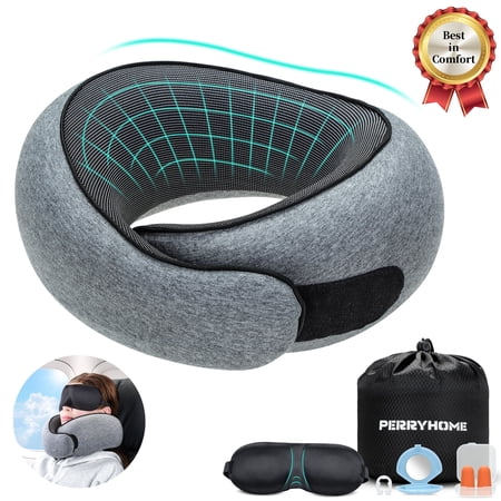 PERRYHOME Travel Pillows,2025 New Neck Pillow Airplane,Travel Neck Pillow Memory Foam Lightweight Pillows for Traveling for Sleeping on Airplanes,Offices and Cars(Gray)