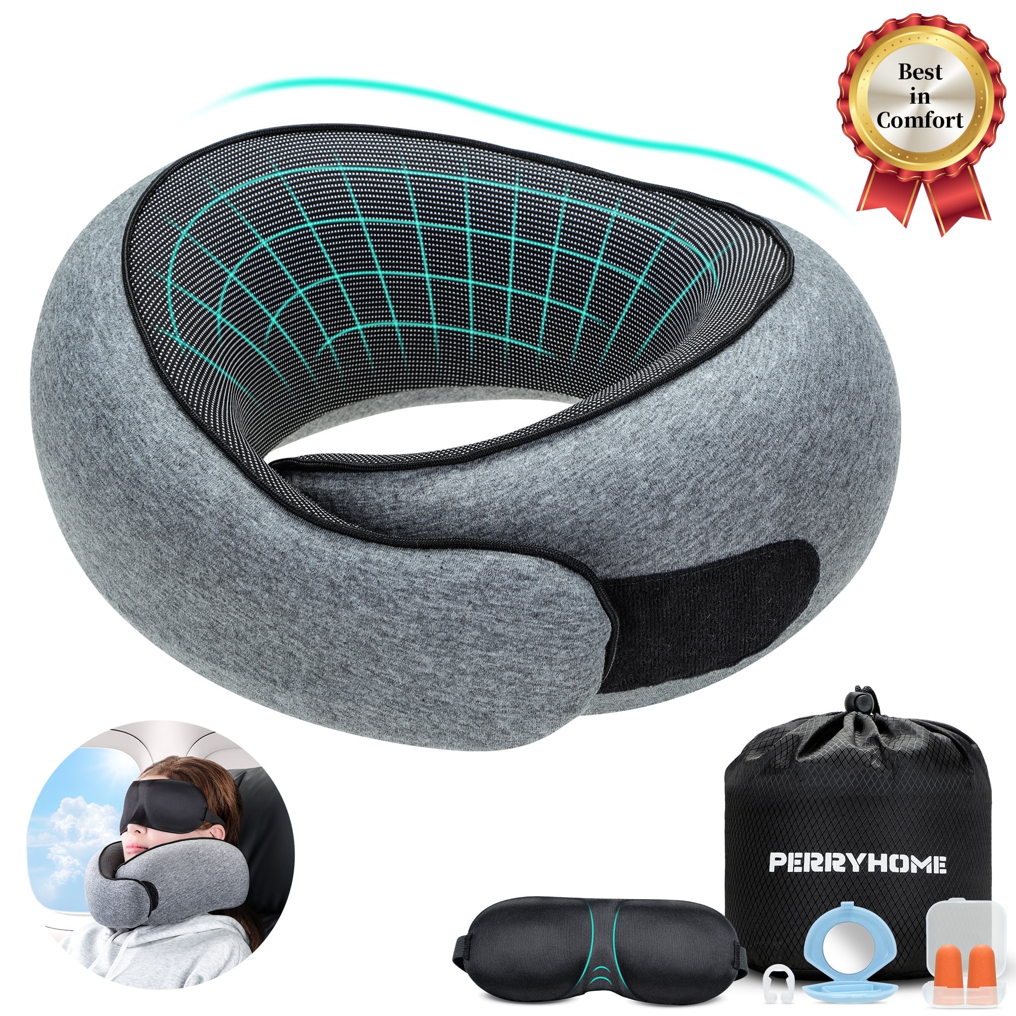 PERRYHOME Travel Pillows,2025 New Neck Pillow Airplane,Travel Neck Pillow Memory Foam Lightweight Pillows for Traveling for Sleeping on Airplanes,Offices and Cars(Gray)