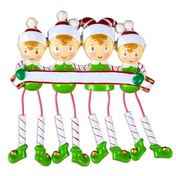 PERSONALIZED CHRISTMAS ORNAMENTS-DANGLING ELF FAMILY OF 4