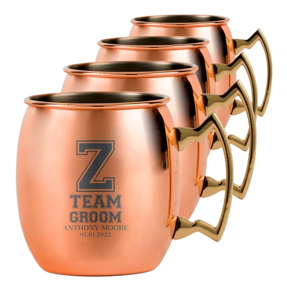 PERSONALIZED Ideal Custom Engraved Groomsmen Gift-Classic Round Rolled Rim Moscow Mule Mugs with Sturdy Handle, Smooth Copper Finish 18 oz, Team Groom, Set of 4
