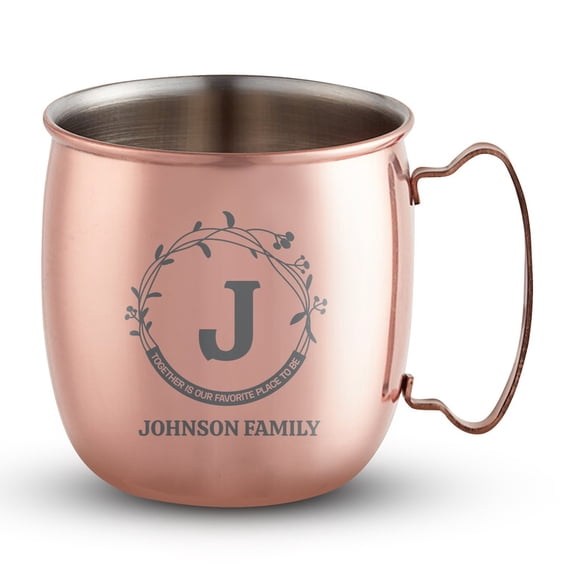 PERSONALIZED Round Custom Family Name Classic Moscow Mule Mug with Engraved Design and Sturdy Handle Rolled Rim, Smooth Copper Finish 16 oz, Together Initial Family