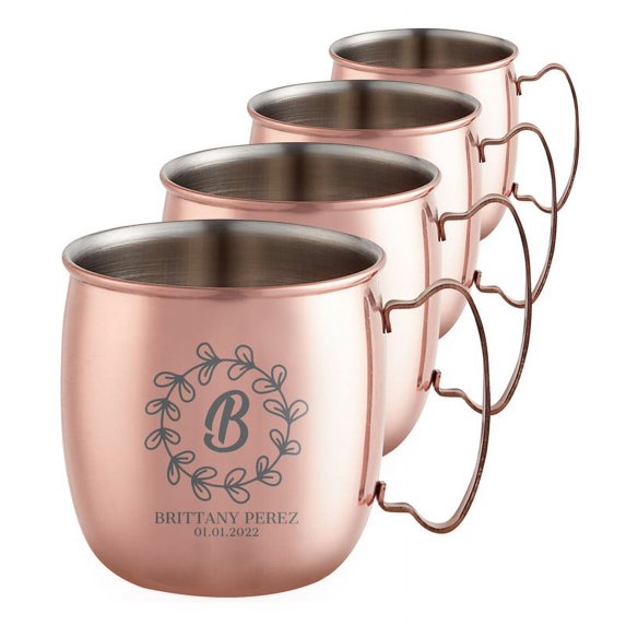 PERSONALIZED Stylish Bridesmaid Ultimate Gift: Custom Engraved Moscow Mule Mugs with Classic Round Rolled Rim and Sturdy Handle, Smooth Copper Finish 16 oz, Petal Circle, Set of 4