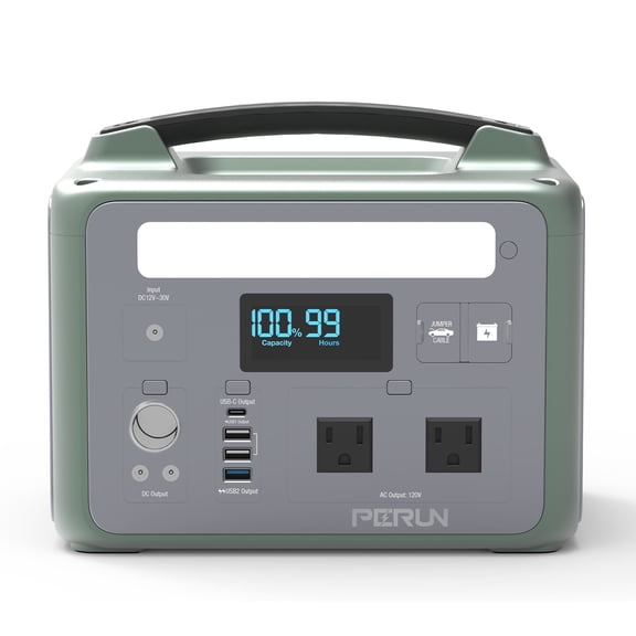PERUN PB-20 Portable Power Station, 640Wh Solar Generator, 600W Pure Sine Wave, Car Jump Starter, 60W USB-C PD, 9 Outputs, LED Light, for Home Backup, Camping, CPAP