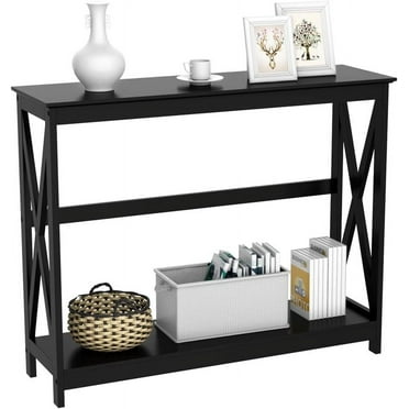 PERUYQ 40" Console Table with Power Outlets and USB Ports, Wood Entryway Table with Charging Station & Storage Shelf, Narrow 2-Tier Sofa Table for Living Room Hallway Foyer, Black