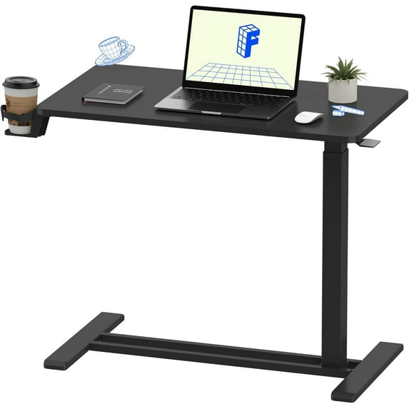 PERUYQ Adjustable Overbed Bedside Table with Wheels Pneumatic Mobile Standing Desk Laptop Desk Rolling Computer Cart Movable Overbed Table Hospital Home Use(31.5" W x 17.7" D, Black Large)