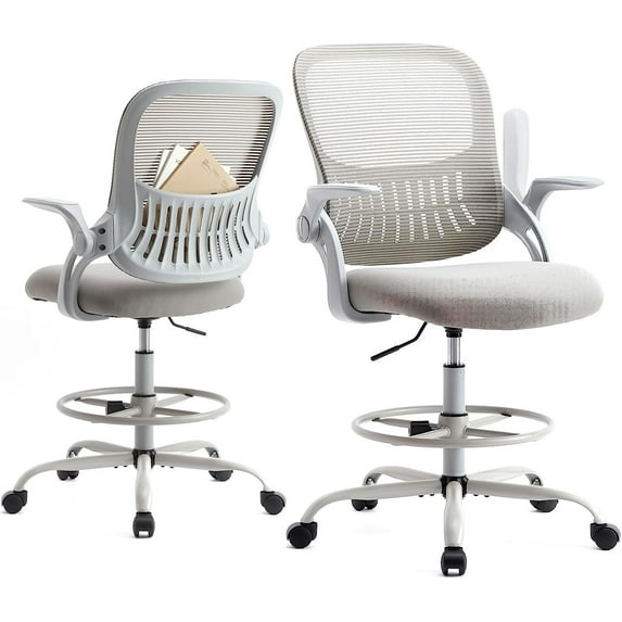 PERUYQ Drafting Chair for Standing Desk, Counter Height Adjustable, Flip-up Arms, Ergonomic Mid Back Mesh Rolling Work Swivel Office Computer Chairs with Wheels, Gray