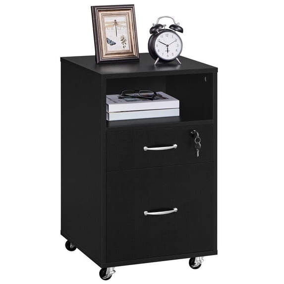 PERUYQ File Cabinet, Under Desk Vertical Cabinet With 2 Drawers and Open Compartment, Printer Stand with Lockable Wheels for A4 Letter Size Hangable File Folders for Home Office(Black)