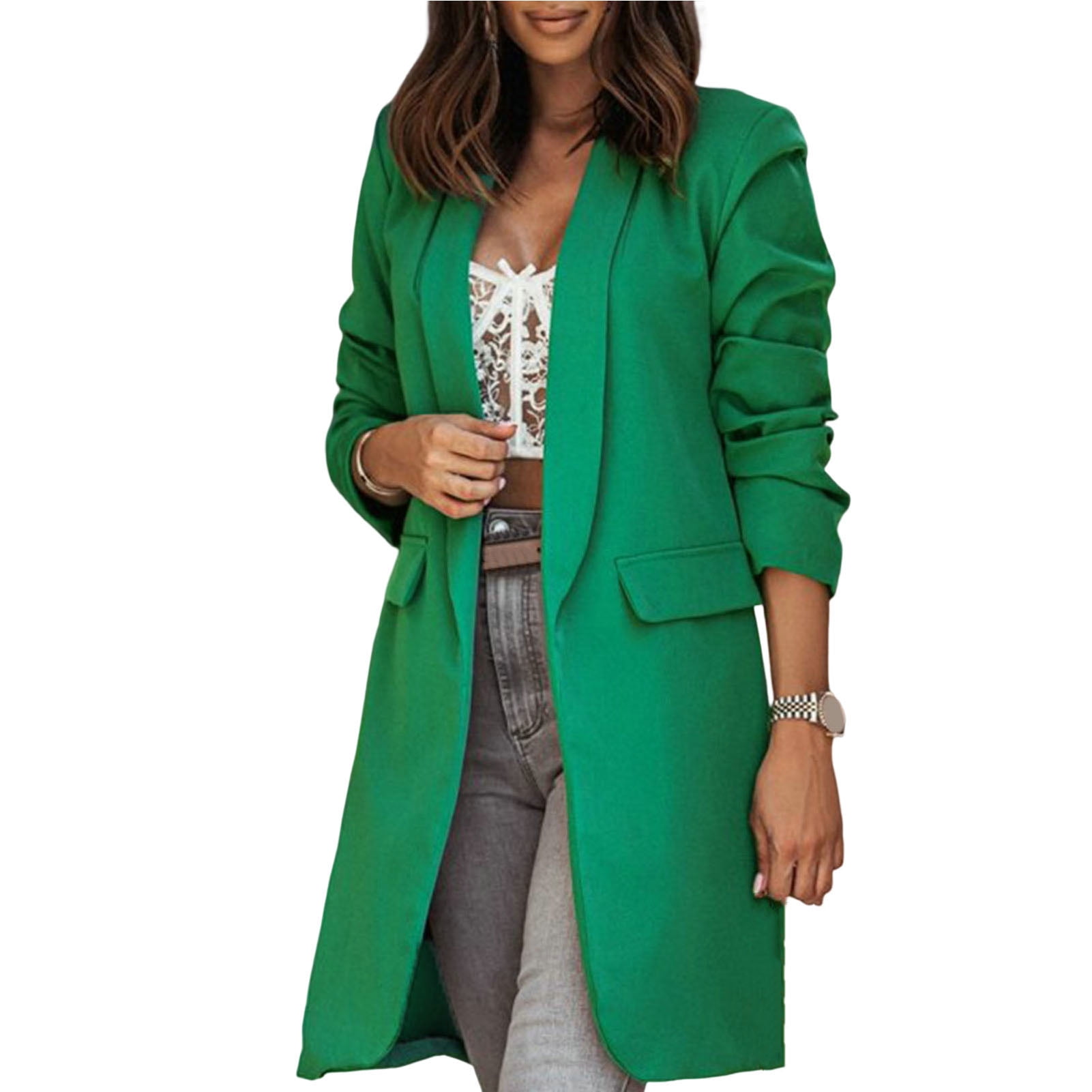 PERZOE Blazer Long Sleeves Flap Pockets Open Stitch MidLength