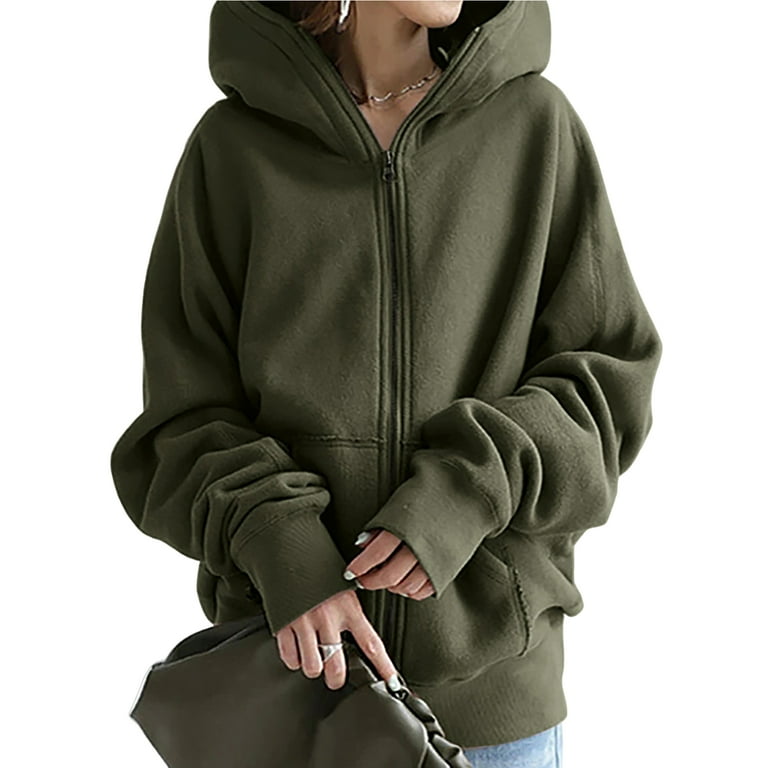 PERZOE Hoodie Coat Long Sleeves Pockets Zipper Closure Oversized