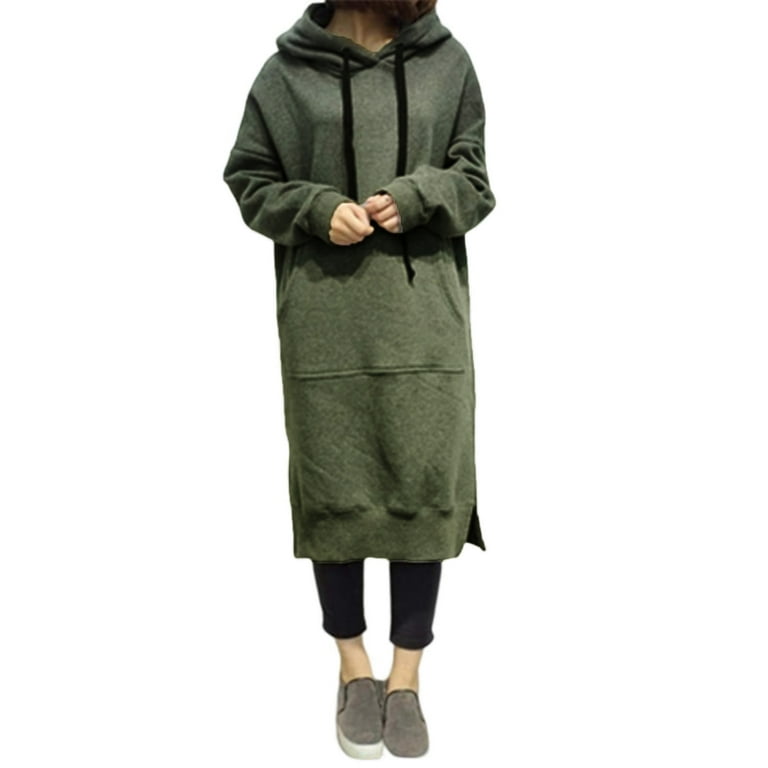 PERZOE Hoodie Dress Hoodie Dress Patch Pocket Split Hem Solid Color Pullover Long Dress Casual Wear Plus Size Winter Warm Drawstring Hooded Sweatshirt