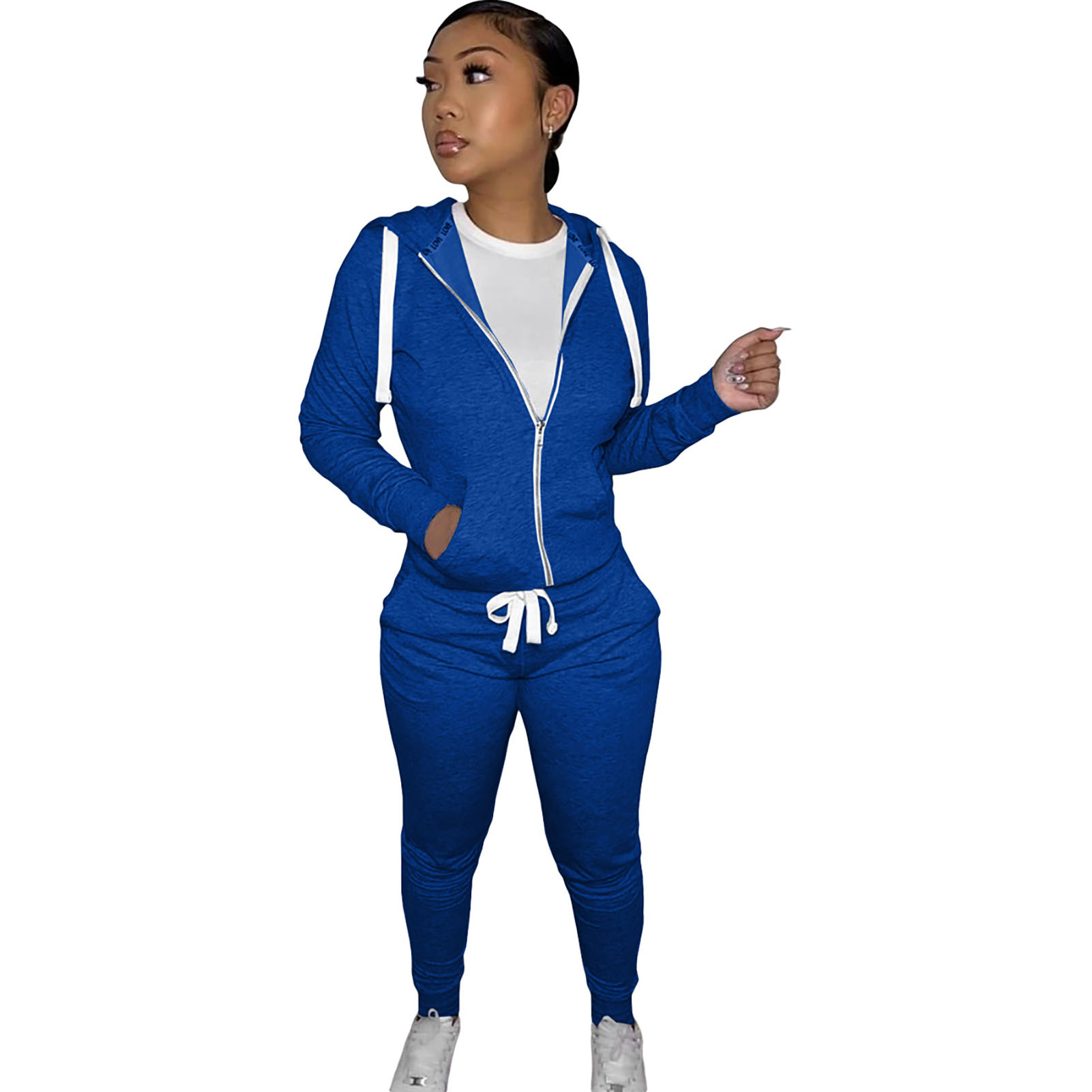 drawstring kangaroo pocket zipper up placket hooded sweatshirt & leggings
