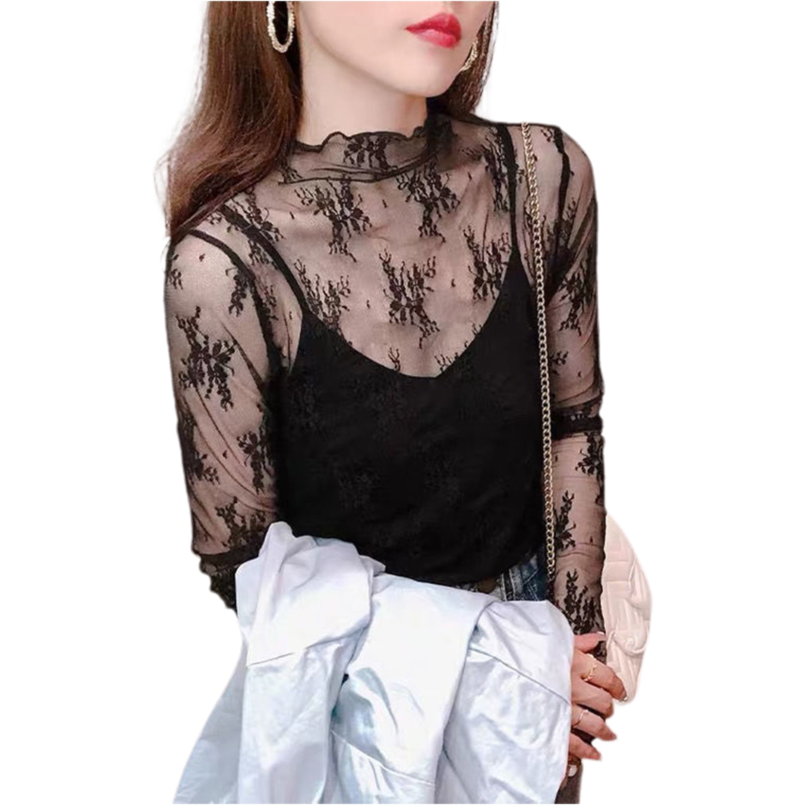 PERZOE Mesh Top Half High Collar Long Sleeve Embroidery Floral Pattern