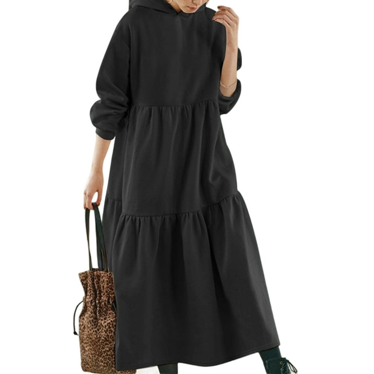 PERZOE Midi Dress Autumn Winter Women Sweatshirt Dress Ruffles Solid Color Long Sleeve Loose Large Hem Hoodies Dress for Vacation