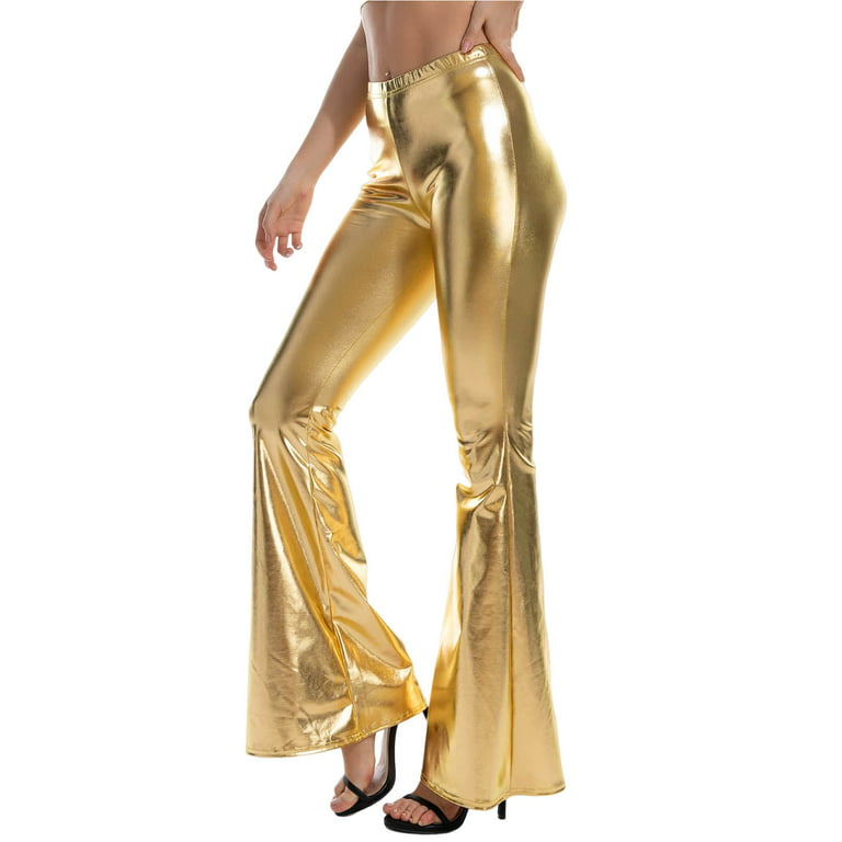 Cheap Women Performance Pants Glossy Elastic Waist Bodycon Solid Color Soft  Clubwear Reflective Stretchy Flared Trousers Women Garment