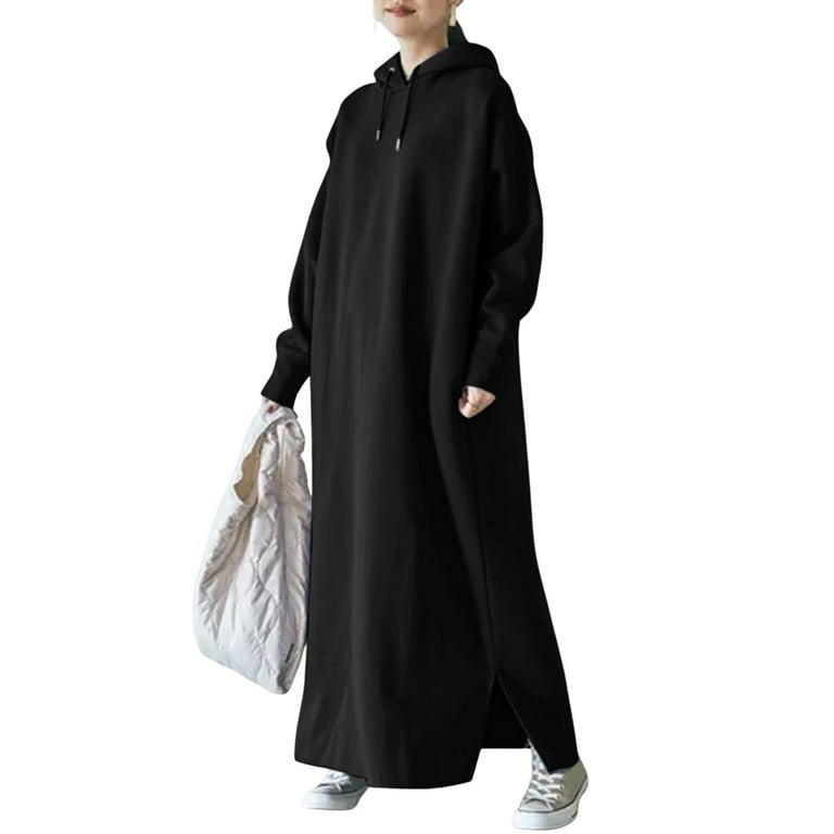 PERZOE Sweatshirt Dress Drawstring Long Sleeve Side Split Hem