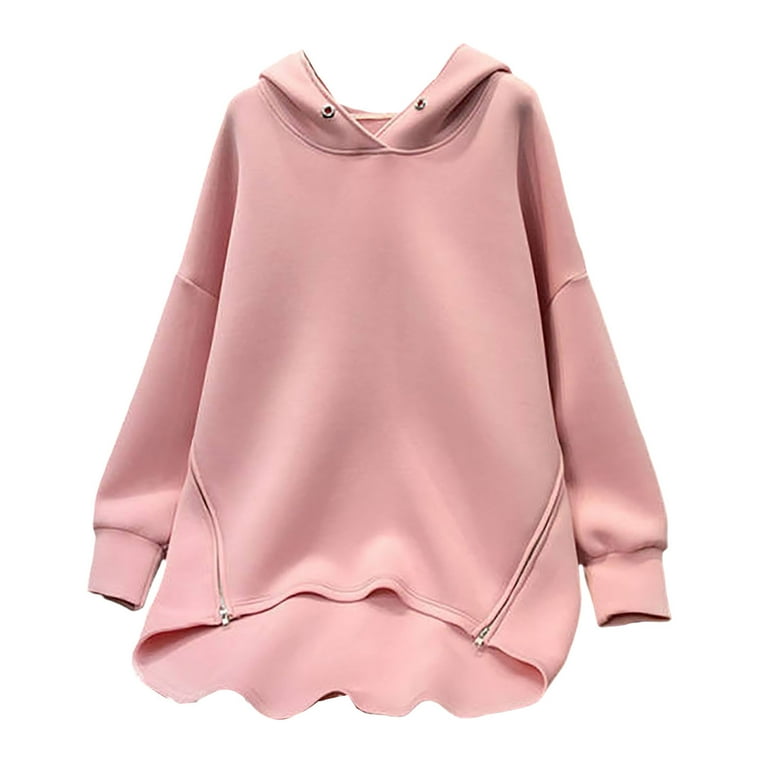 PERZOE Women Sweatshirt Women Sweatshirt Solid Color Zippers Eyelet Long Sleeve Streetwear Spring Autumn Loose Irregular Bottom Pullover Hoodie Top