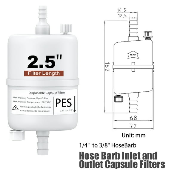 PES Capsule Filters with Hose Barb, Sterile Hydrophilic, 0.22um Pore Size, 2.5" Length, 1/Pack