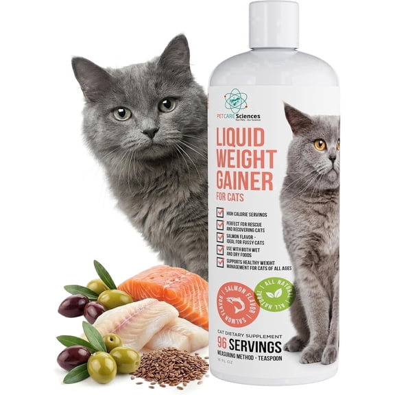 PET CARE Sciences 16fl oz Liquid Cat Weight Gainer  High Calorie Cat Food Appetite Stimulant  High Calorie Booster for Cats  Supports Energy, Metabolism & Weight  Salmon Flavor  Made in the USA