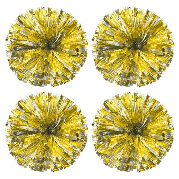 PET Cheerleading Pom Poms with Finger Holes for Sport Team Spirit Fun Dance Stage Events, Golden Silver 4 Pack