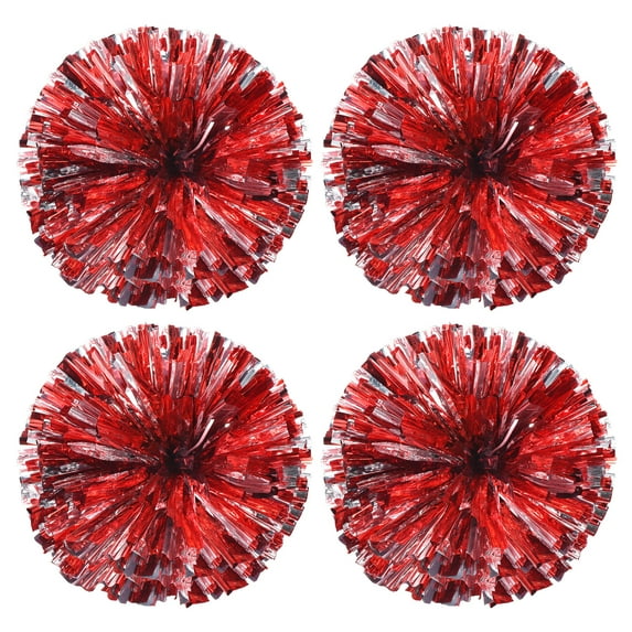 PET Cheerleading Pom Poms with Finger Holes for Sport Team Spirit Fun Dance Stage Events, Red Silver 4 Pack