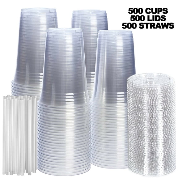 PET Crystal Clear Disposable Plastic Cups with lids, with Straw Slot Lids 500 Set (24OZ)