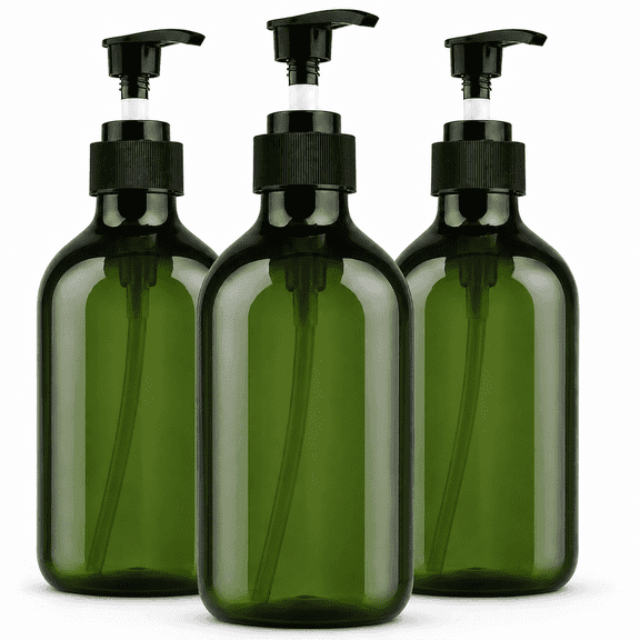 3 pack 500ml Green PET Plastic Pump Bottle, Empty Lotion Dispenser Bottle with Pump, Refillable Soap Shampoo Conditioner Container for Bathroom Kitchen
