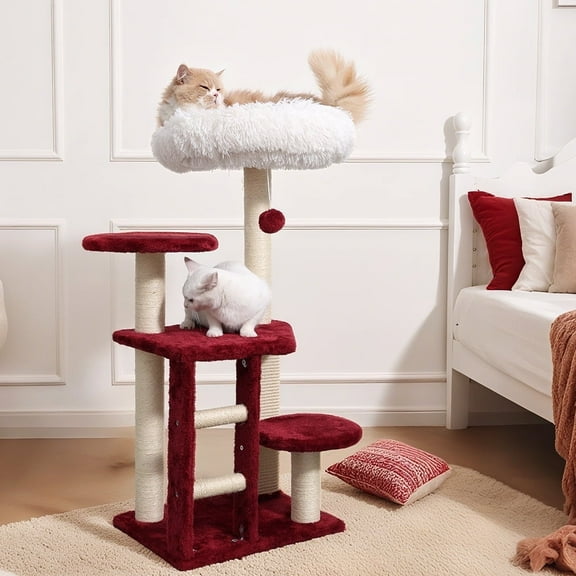 PET FULED Cat Tree, 37.8" Bold Color Cat Tree with Plush Top, cat scratching post & Hanging Toy Red, Small Cat Retreat